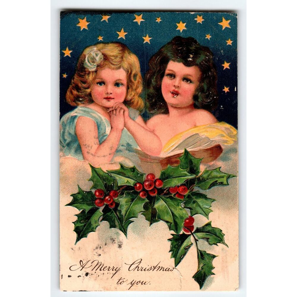 Vintage 1908 Embossed Stars Christmas Postcard with Children Holly Berries